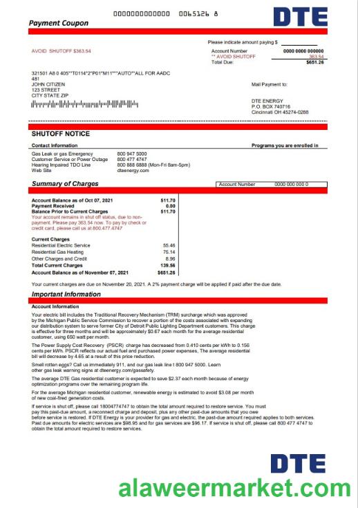 USA Michigan DTE Energy utility bill template in Word and PDF format